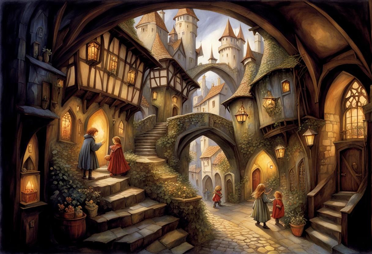 Children Playing in a Mysterious Medieval City