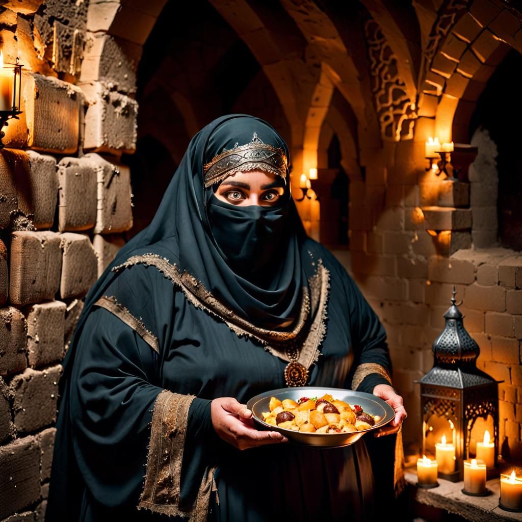 Arabian Woman Sneaking into Medieval Castle Basement