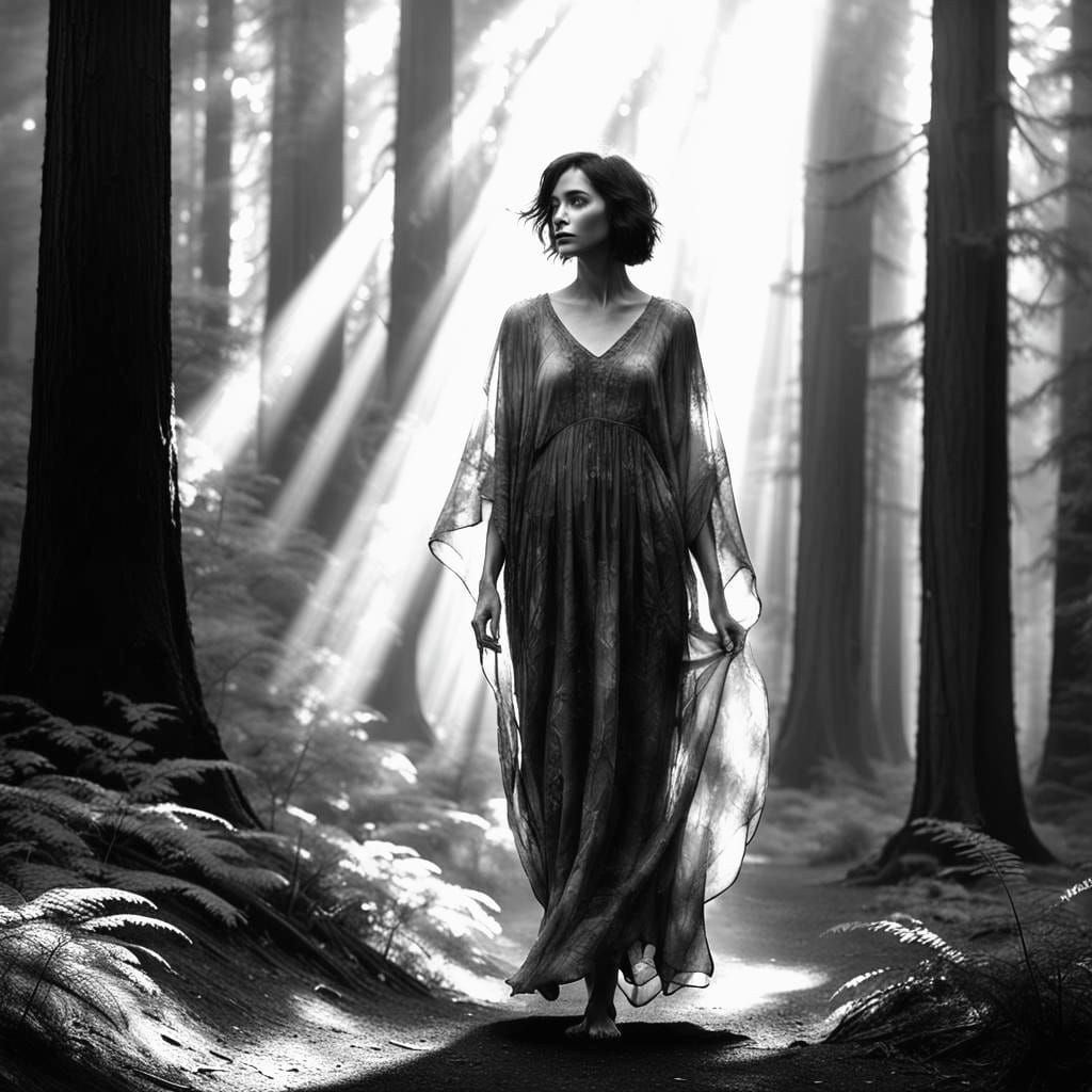 Ethereal Woman Walking in Redwood Forest