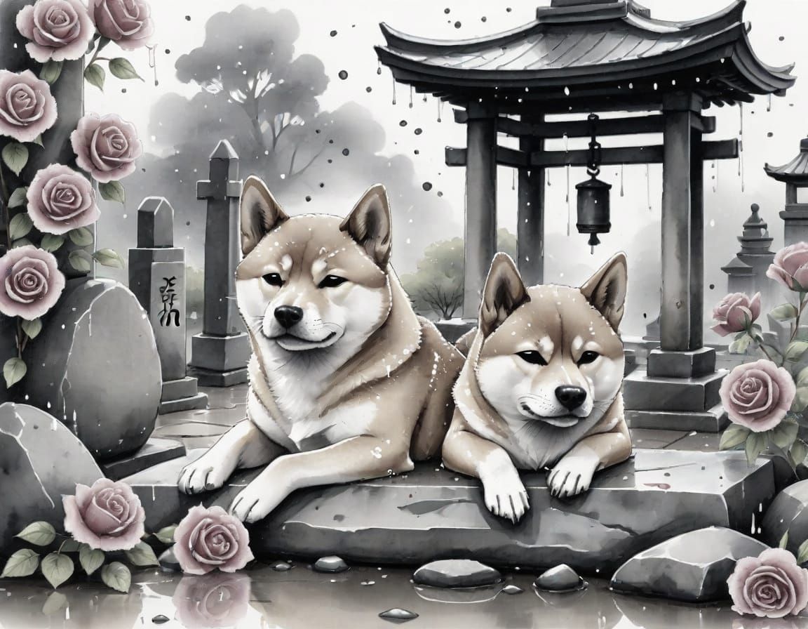 Sad Shiba Inu at Grave: Japanese Ink Wash