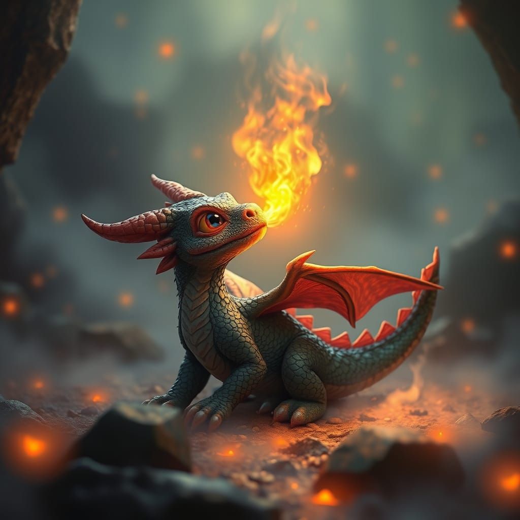 Dragon Learns to Breathe Fire in Cozy Fantasy Landscape