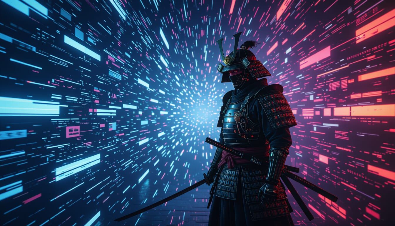 Cyberpunk Samurai in Digital Chaos