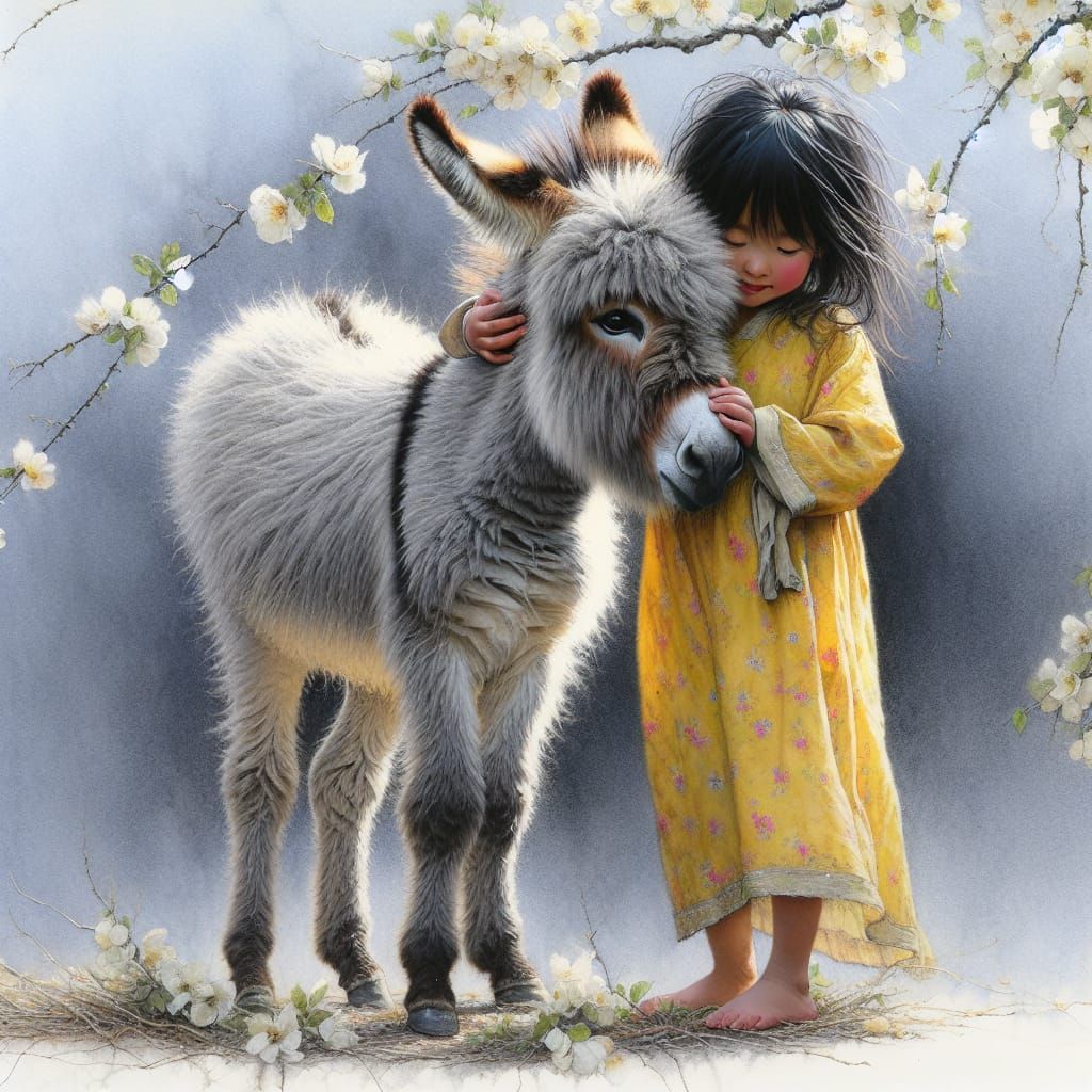 Delicate Donkey and Girl in Whimsical Pre-1912 Art Style