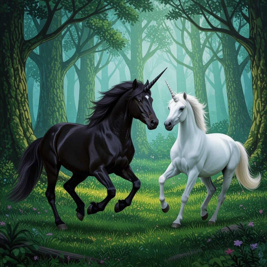Unicorns Running Through Enchanted Forest