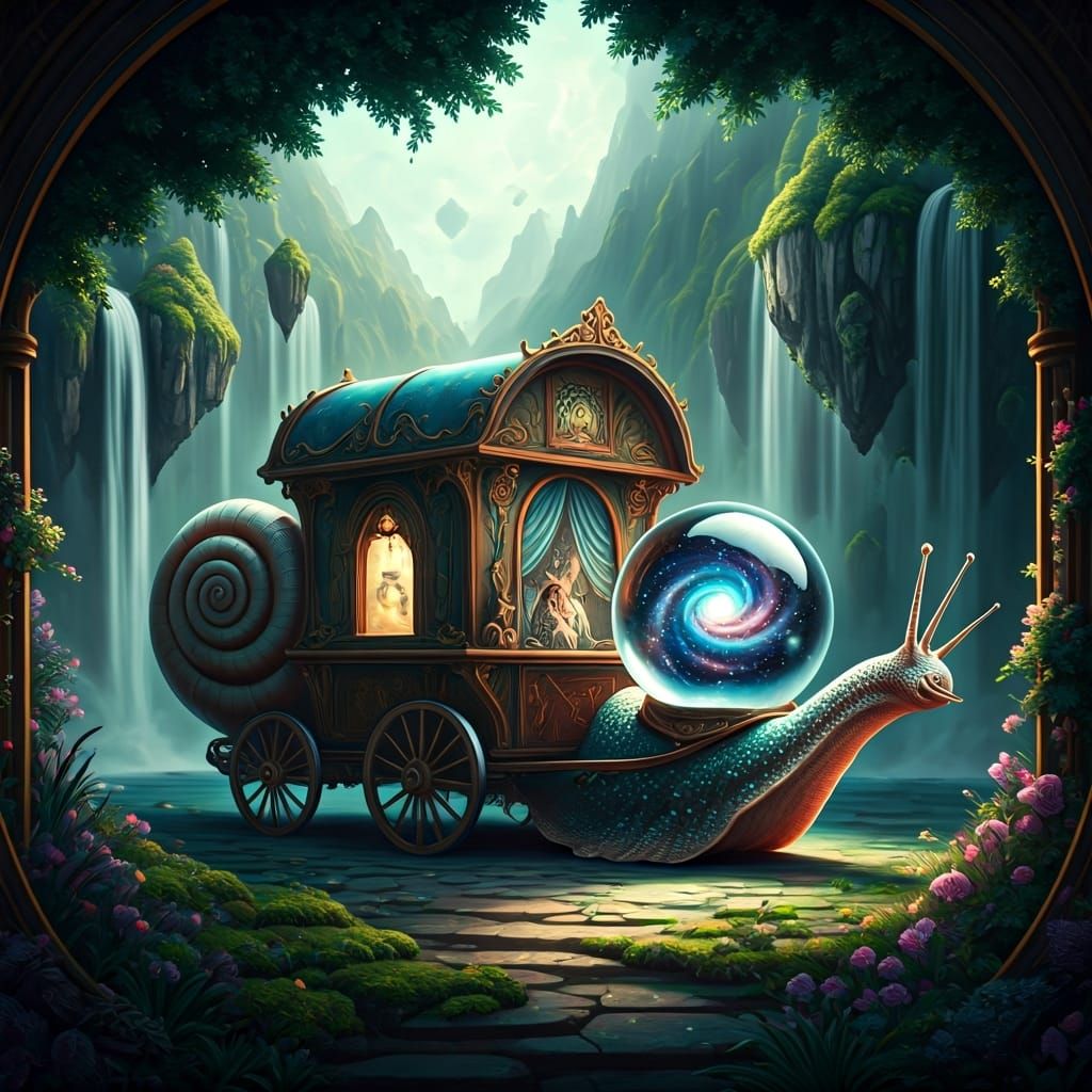 caravan pulled by a curious snail