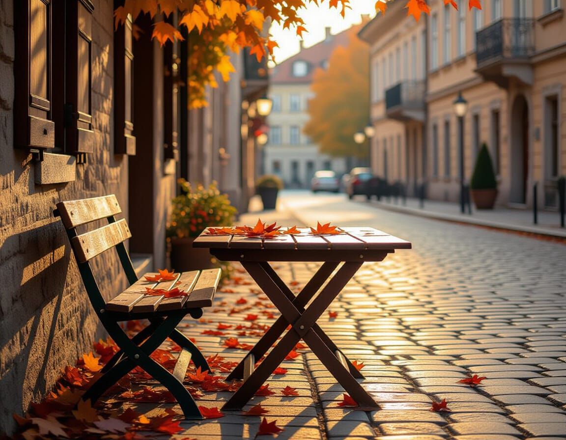 Autumn Cobblestone Street with Solitary Table
