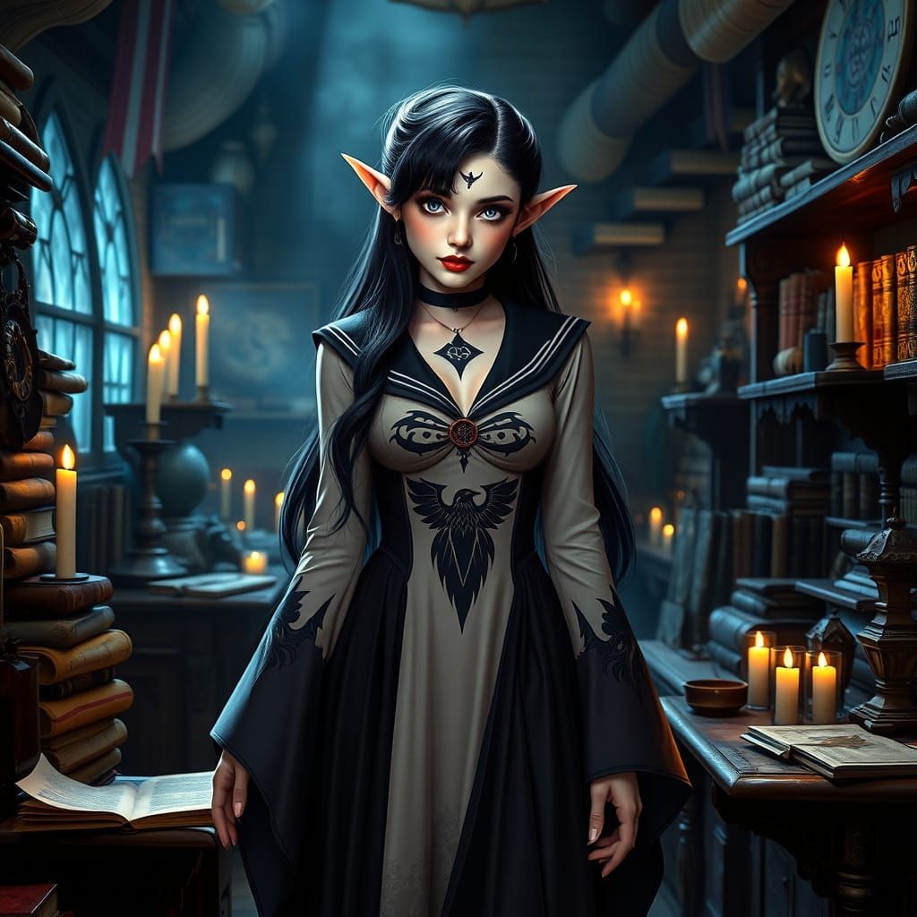 Elegant Necromancer Elf in Wizard's Classroom