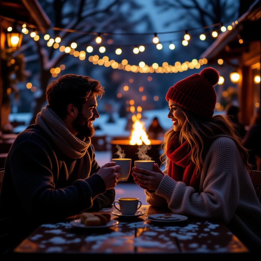 Cozy Cafe: Silhouetted Figures Sharing Cider