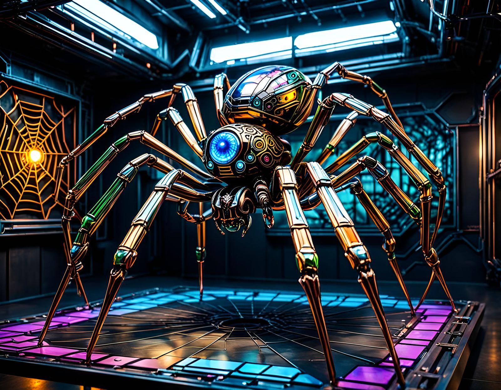 Colorful Cybernetic Spider in Metalwork Display