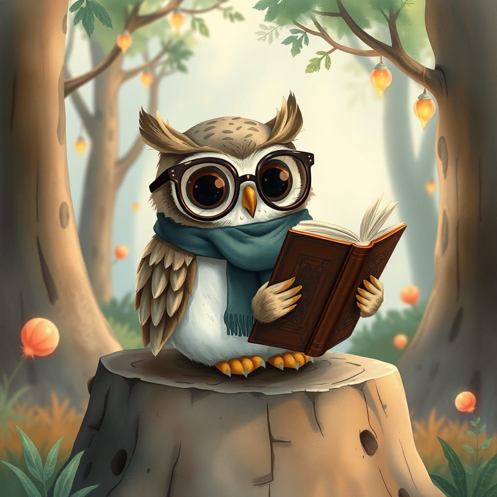 Cute Owl Reading Book in Whimsical Forest