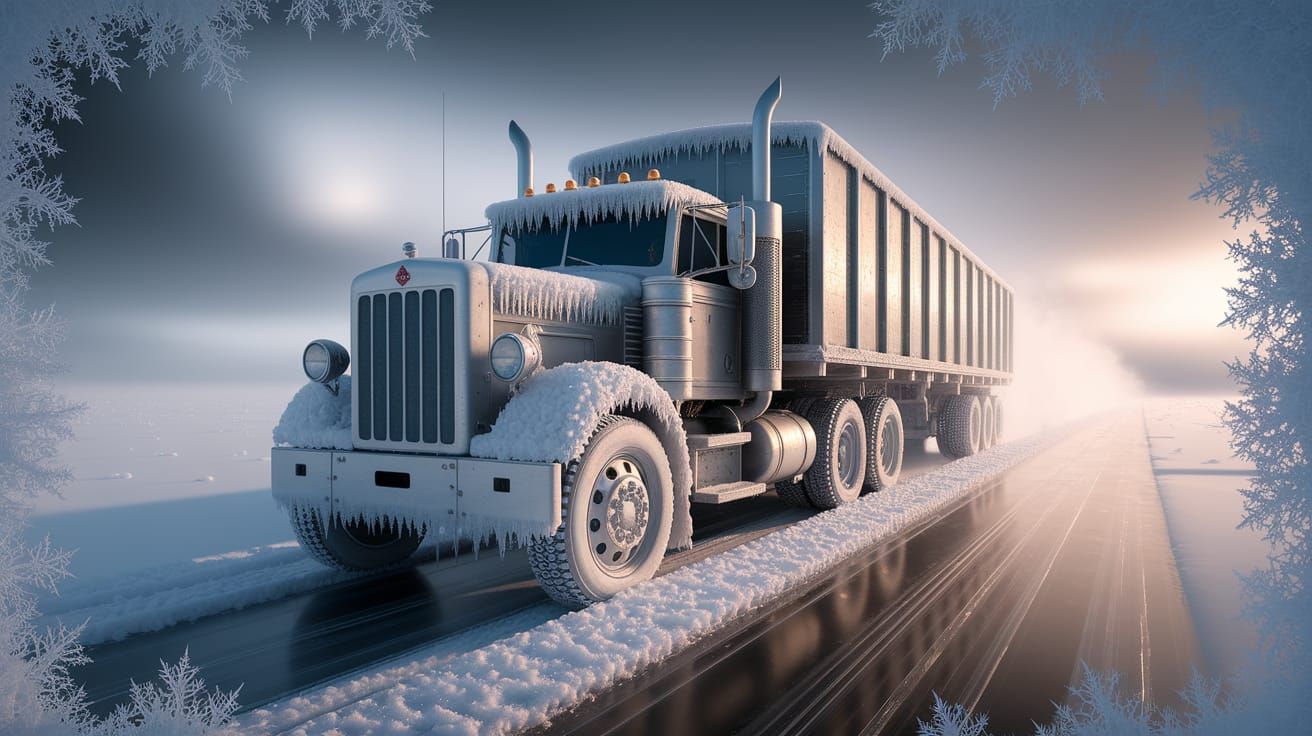 Frost-Covered Steam Engine on Desolate Ice Road
