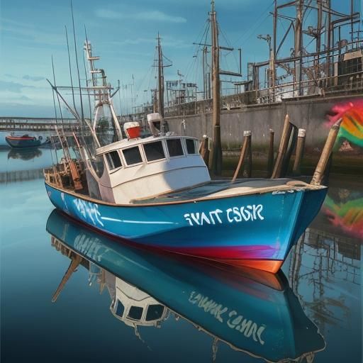 Fishing Boat Reflections in Splash Art Style