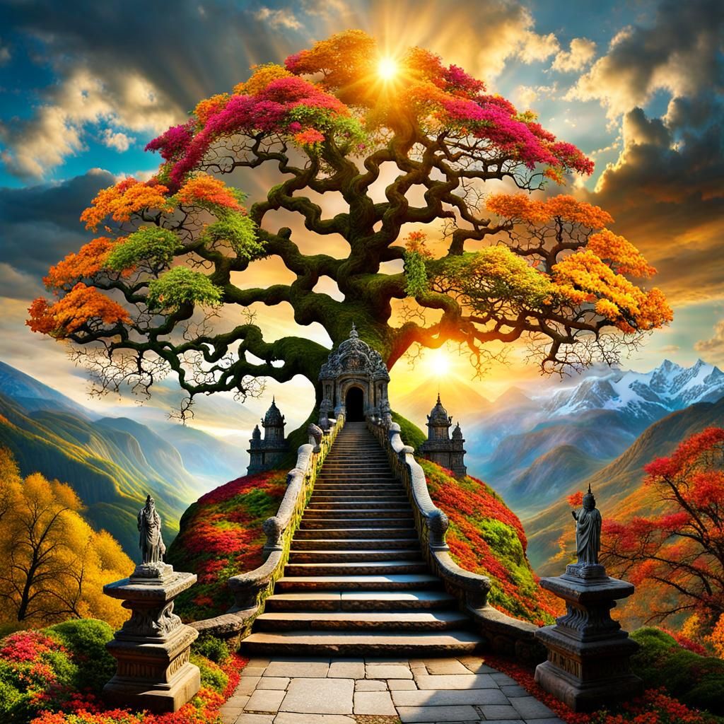 Colorful World Tree Touching Sky, Photorealistic CGI