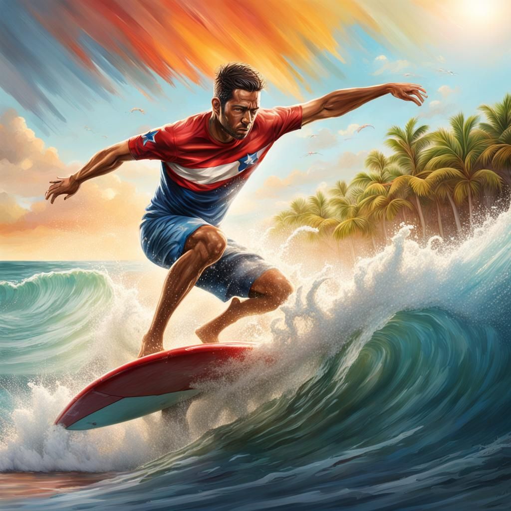 Surfer Rides Wave with Puerto Rican Flag, Splash Art