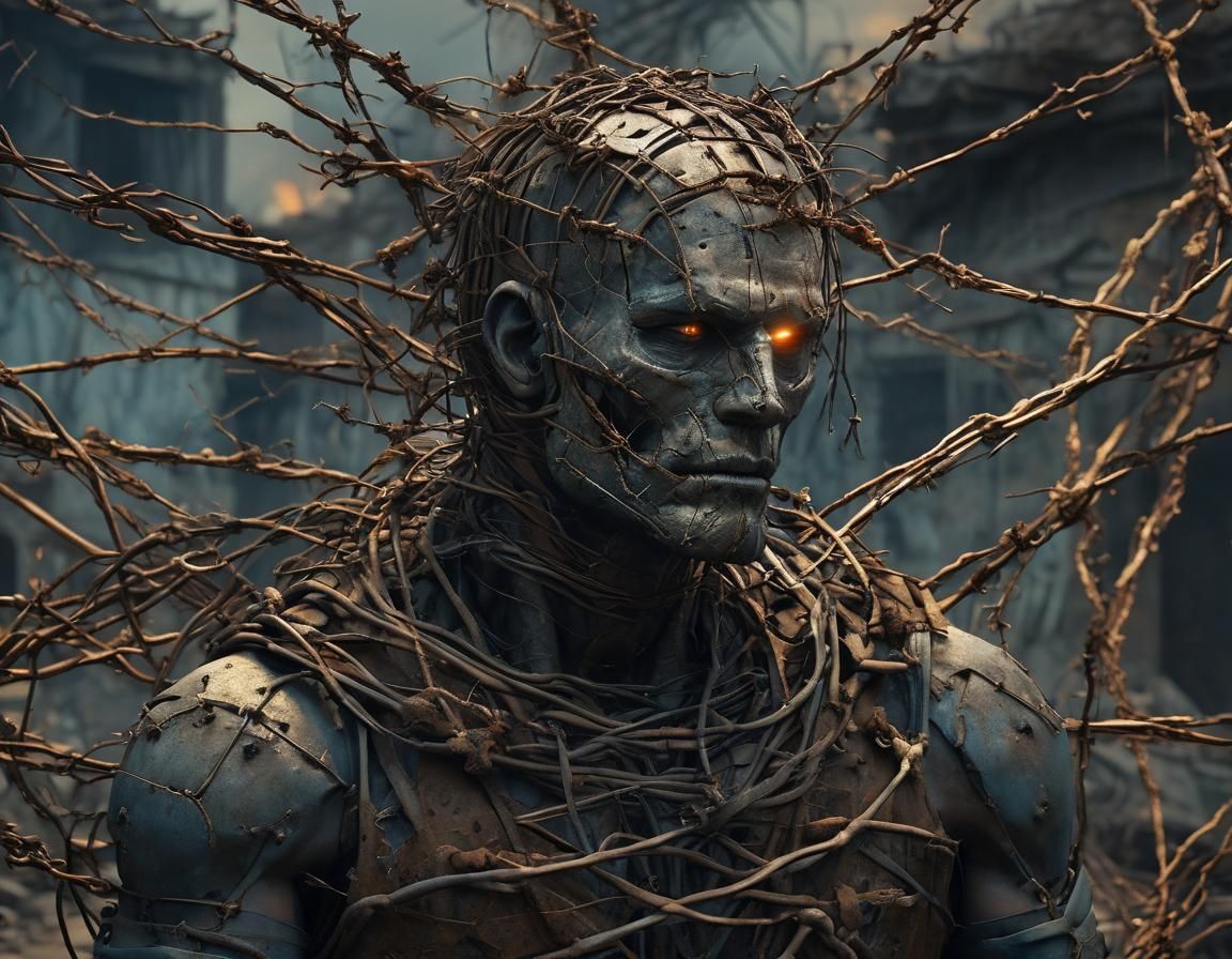 Barbed Wire Man Portrait in Apocalyptic Ruins