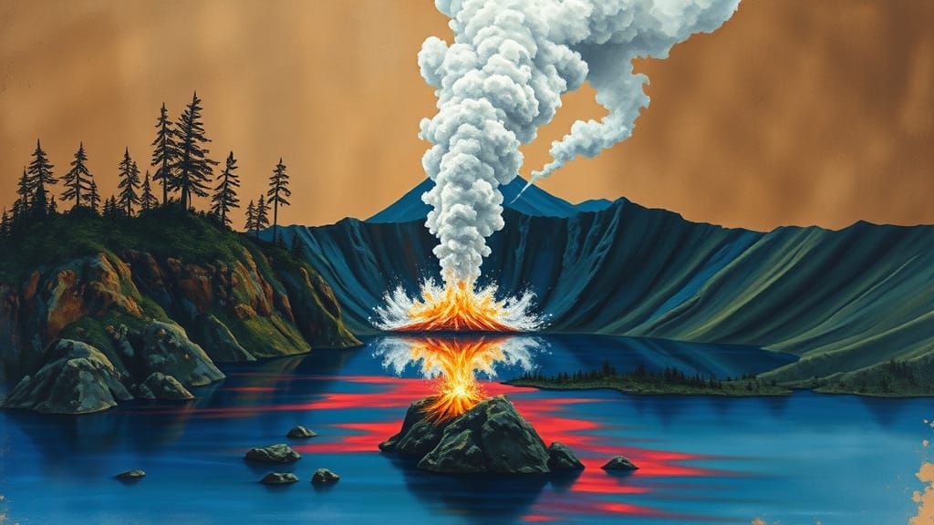 Volcanic Lake Eruption in Magical Realism Style