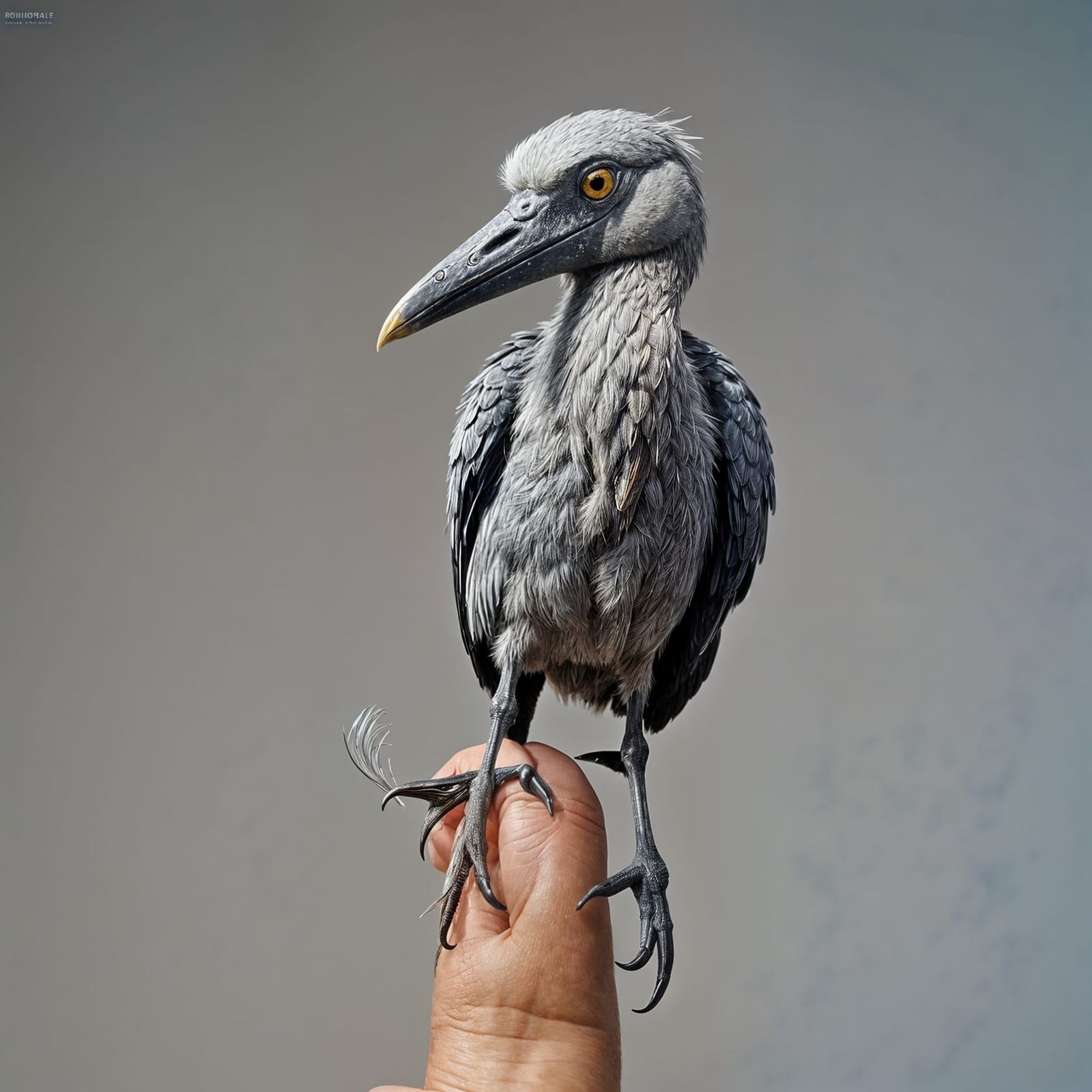 Miniature Shoebill Stork on Human Thumb