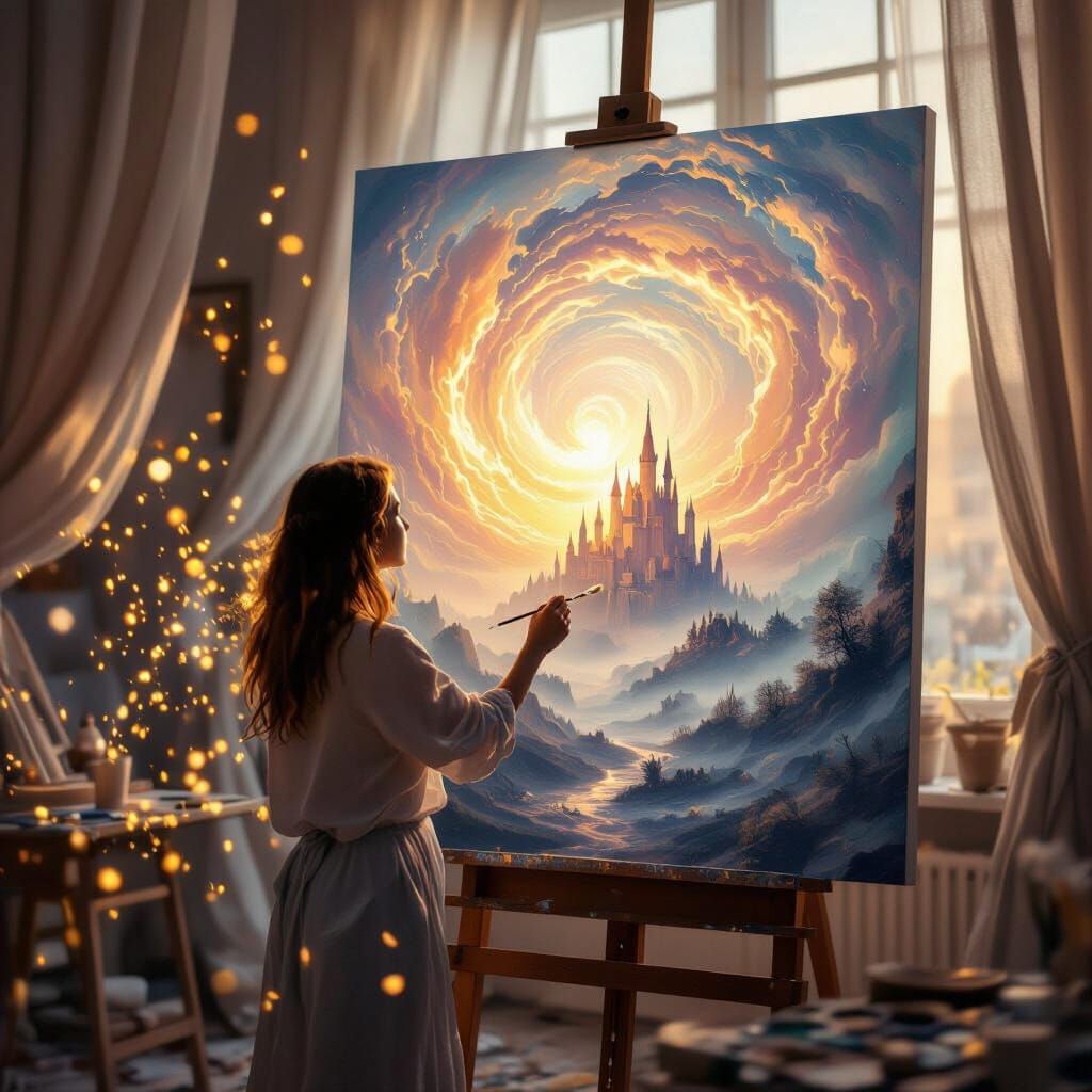 Artist Reaches into Magical Portal on Canvas