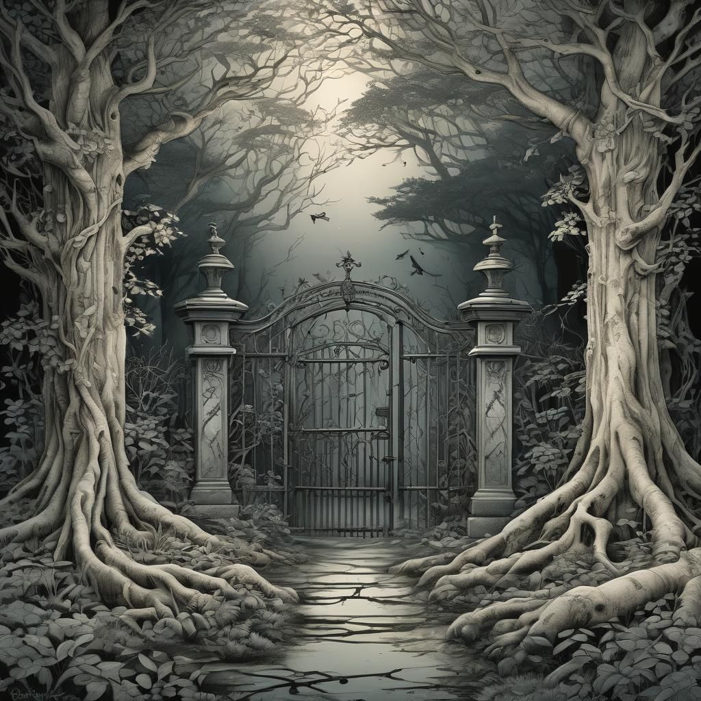 Mystical Garden Gate in Evening Mist Illustration