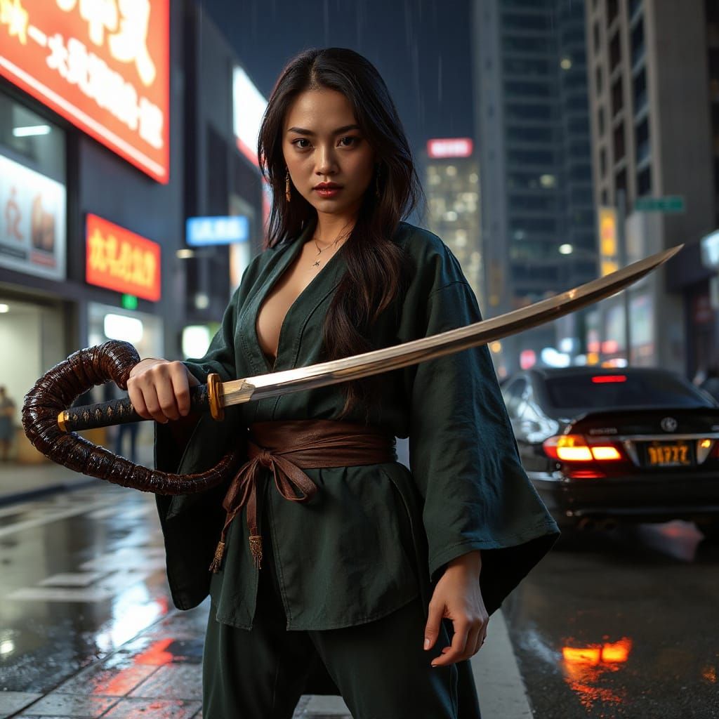 Confident East Asian Warrior in Dark Noir Futurism
