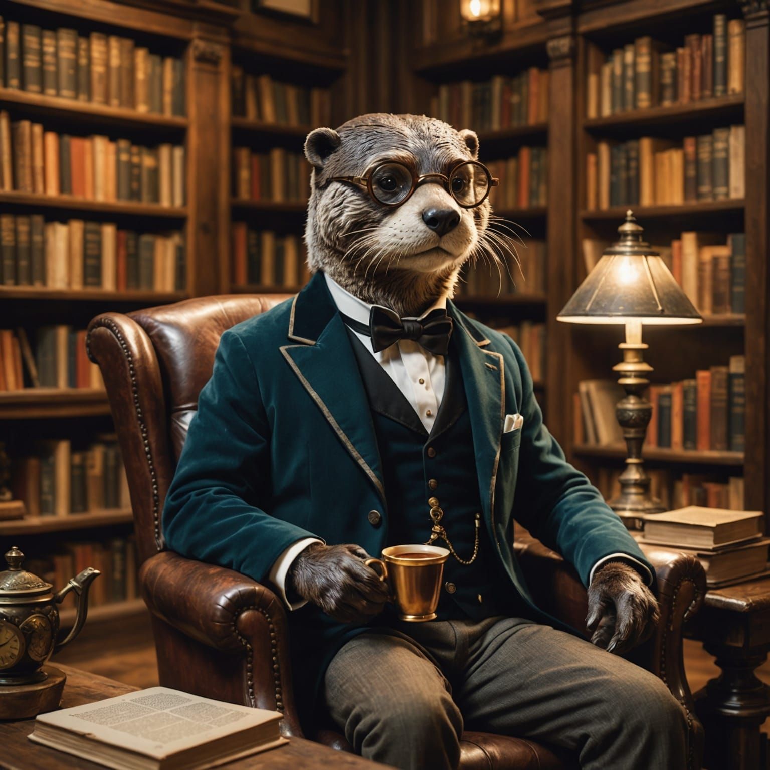 Steampunk Otter Reading in Cozy Library