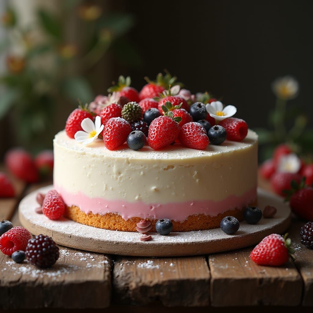 Intricately Decorated Cake with Berries and Flowers