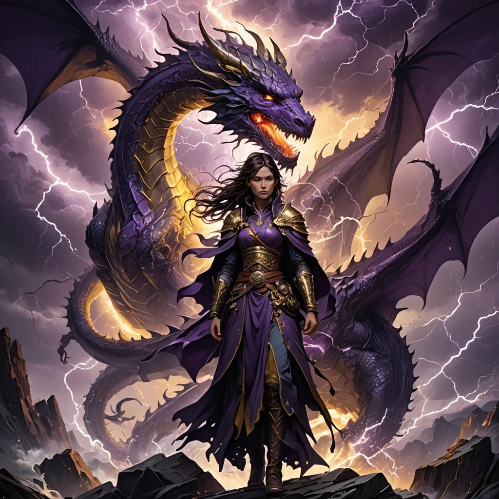Adventuress Confronts Majestic Storm Dragon in Dark Fantasy
