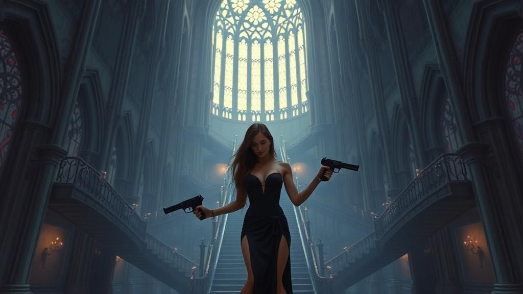 Gothic Twilight Temptress with Guns in Dark Fantasy Style