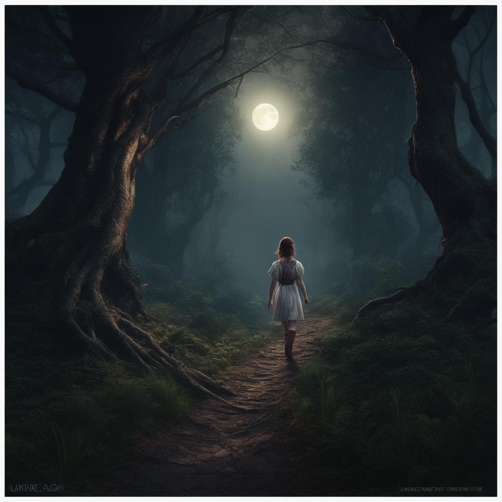 Moonlit Forest Path with Girl: Fantasy Concept Art