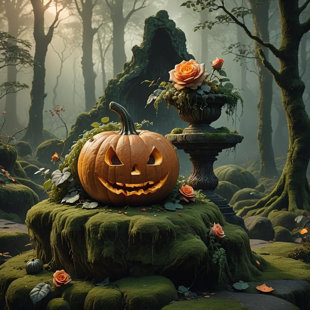 Pumpkin and Rose in Mystical Forest, Fantasy Art