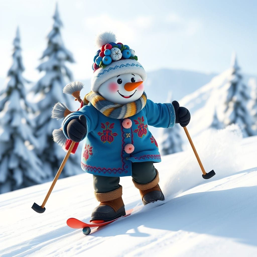 Vibrant Ukrainian Snowman Skis Down a Winter Wonderland