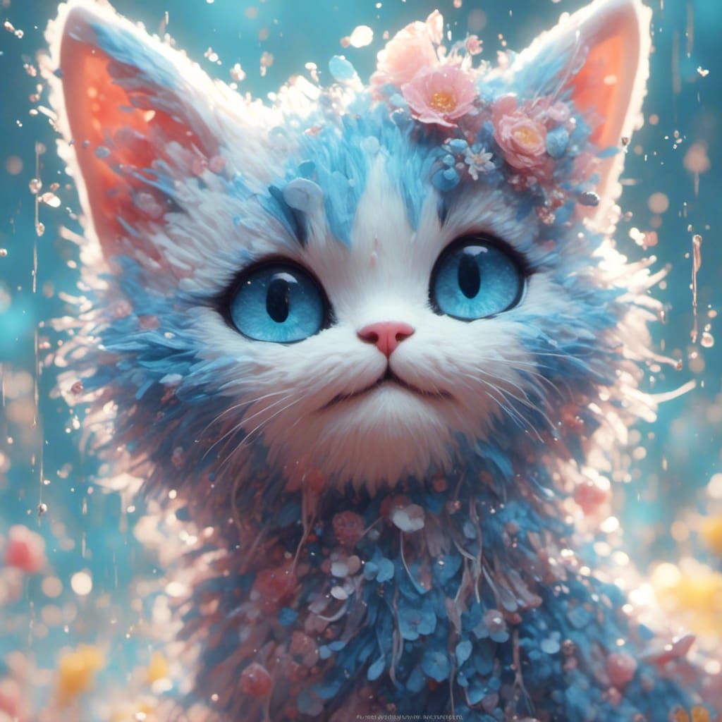 Pastel Blue Cat Portrait in Detailed Digital Art