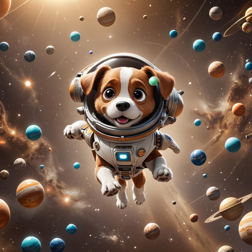 Dog in Spaceship Navigating Solar System as 3D Digital Art