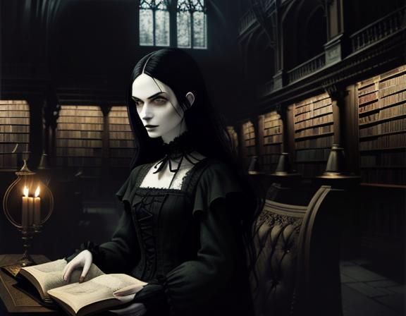 Gothic Woman Reading in Dimly Lit Library