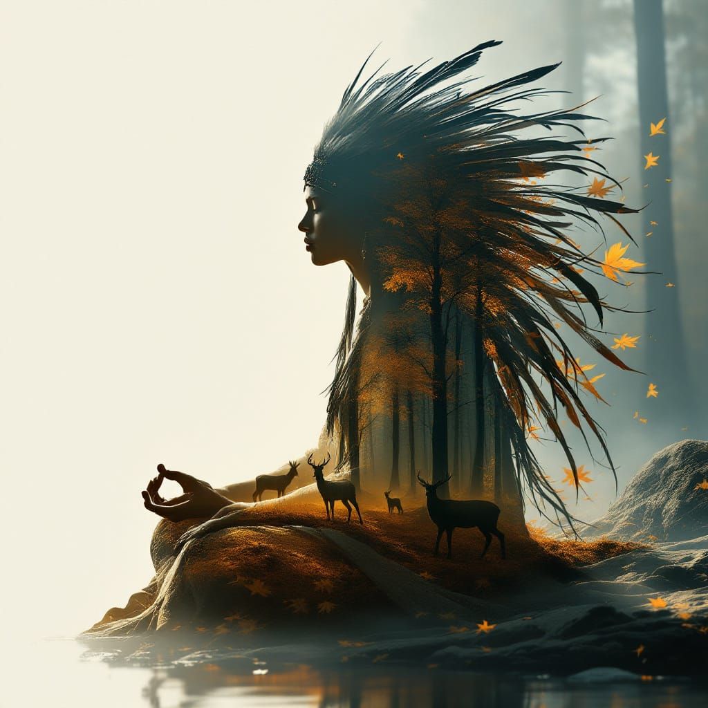 Native Spirit Guide Meditation in Autumn Forest Double Expos...