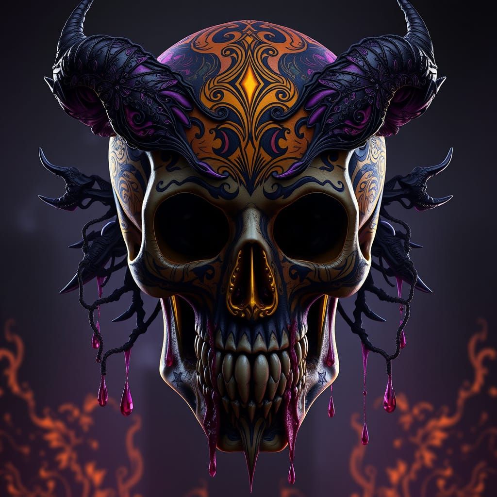 Dark Fantasy Skull in Bleeding Tattoos, Art Nouveau Style