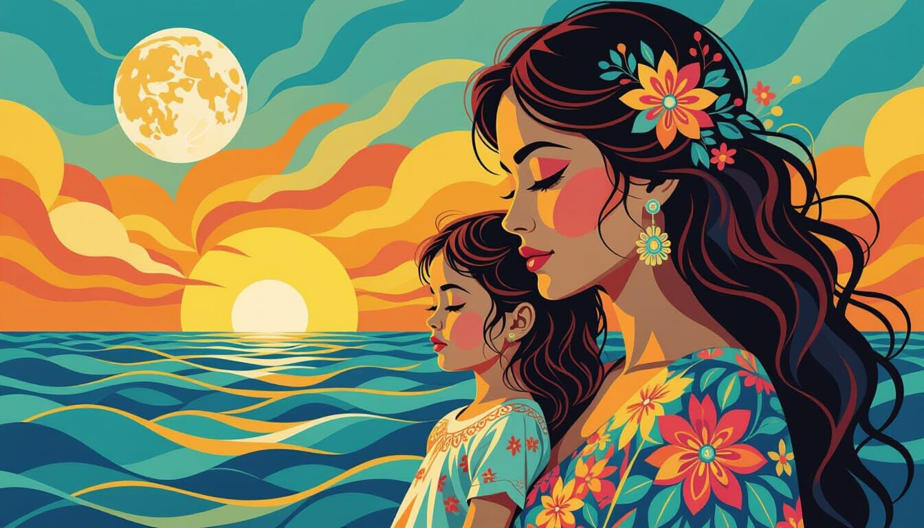 Dreamlike Sunset: Woman and Girl in Art Brut Style