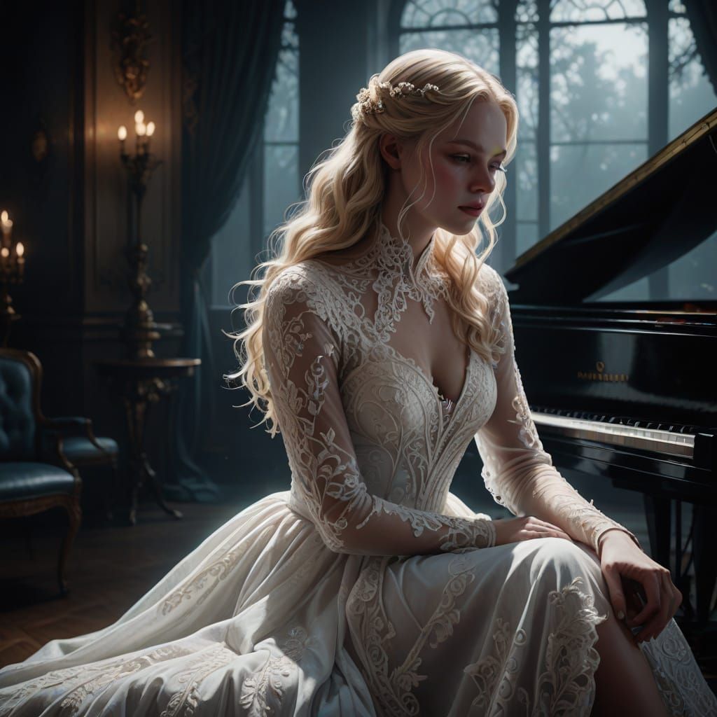 Ethereal Beauty at the Grand Piano in Monochromatic Luxury