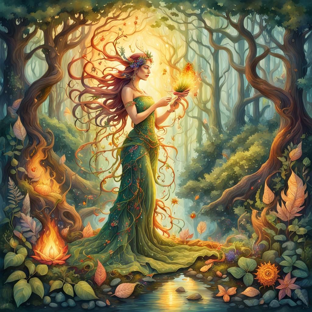 Celestial Goddess Embroiders Seeds in Enchanted Forest
