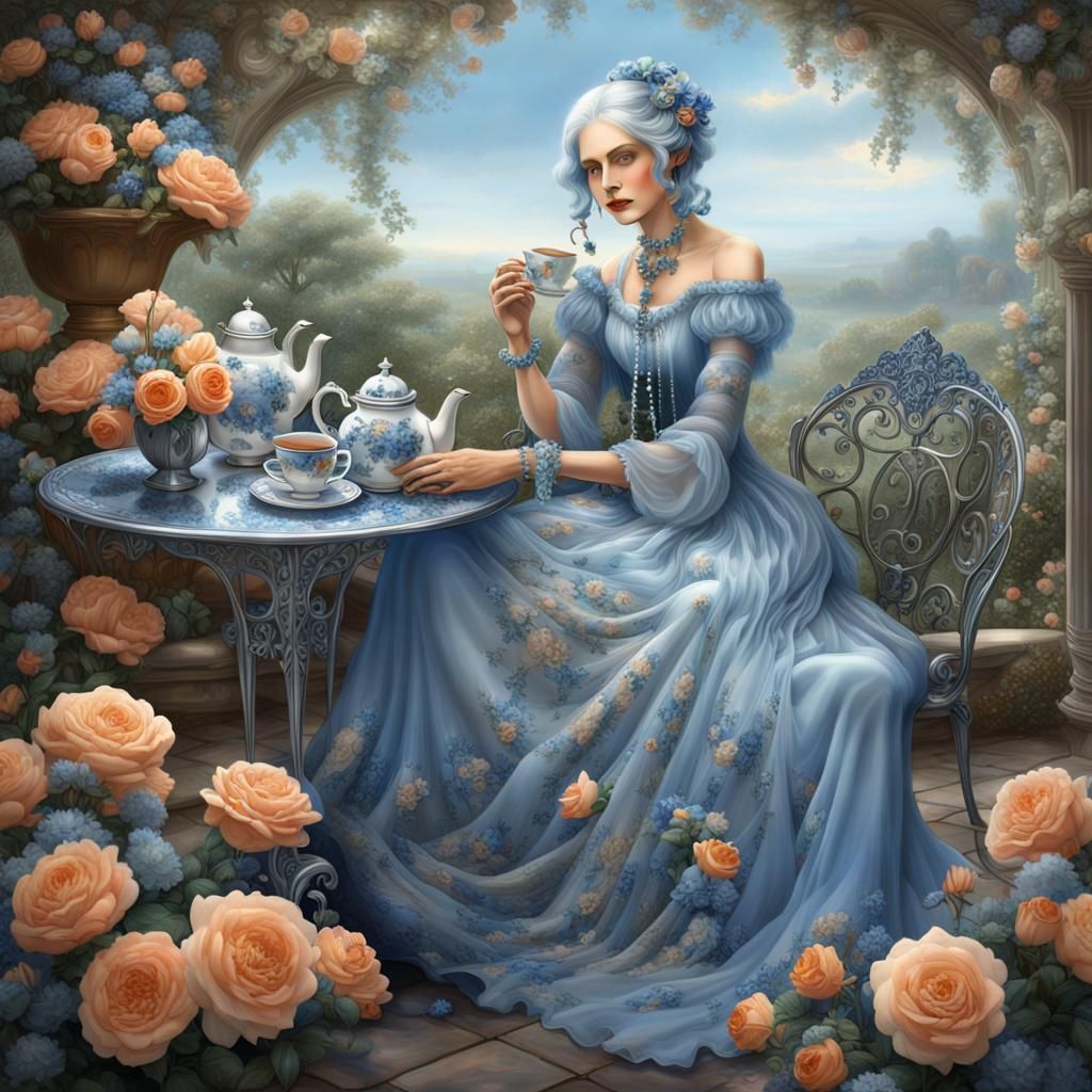 Tea Time with Blue and Orange Roses