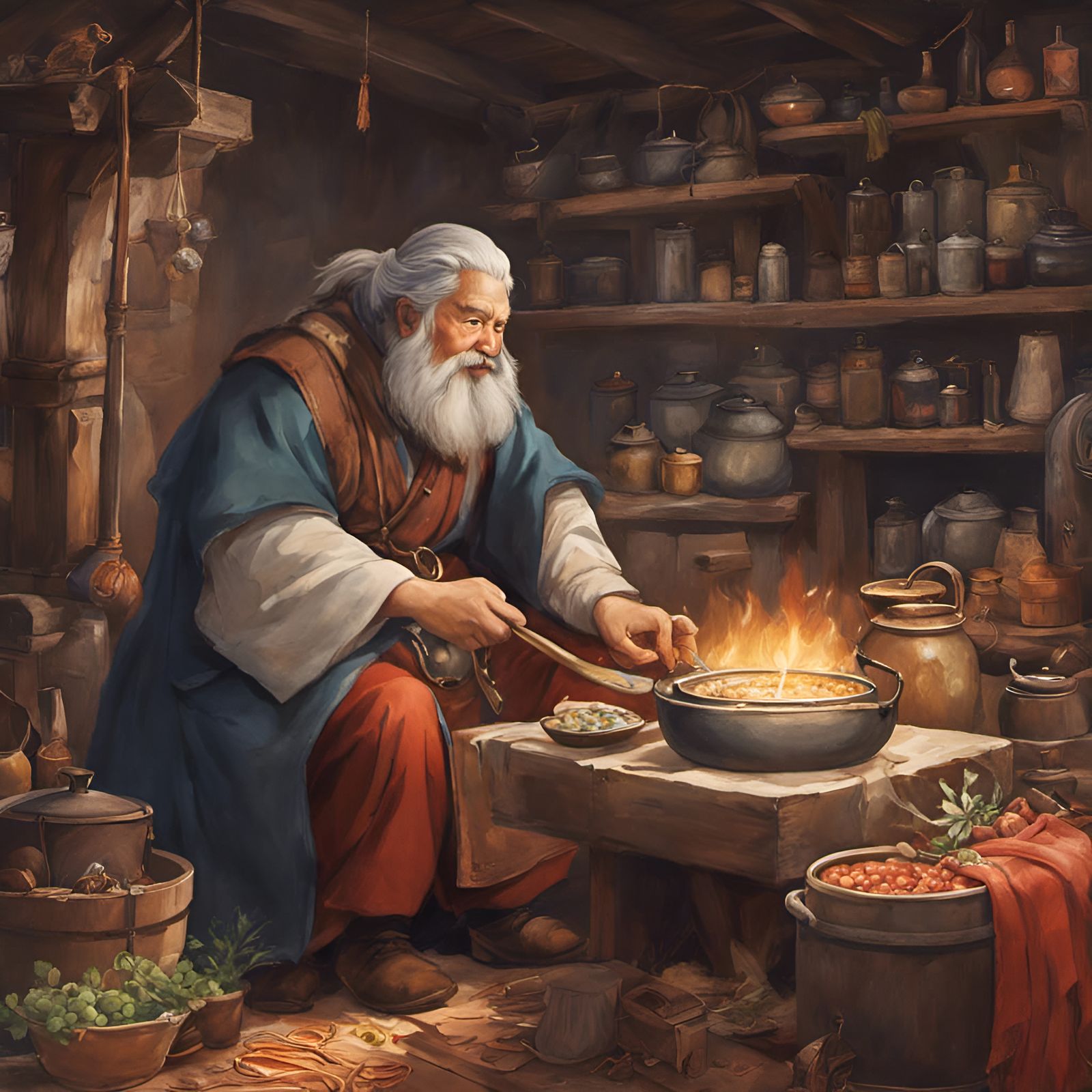 Fantasy Wizard Brewing Potion, Watercolor Ghibli Style