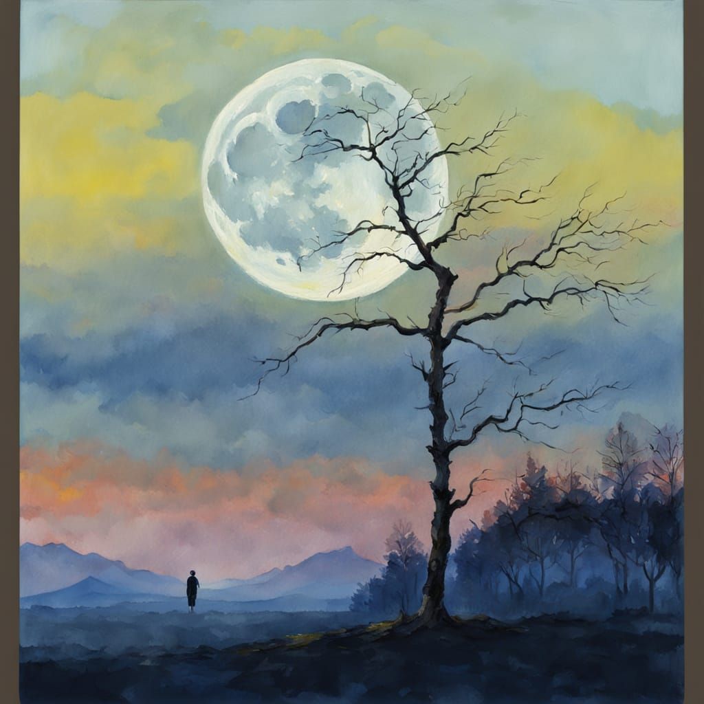 Japanese Ink Painting of Moon Over Poplar Tree