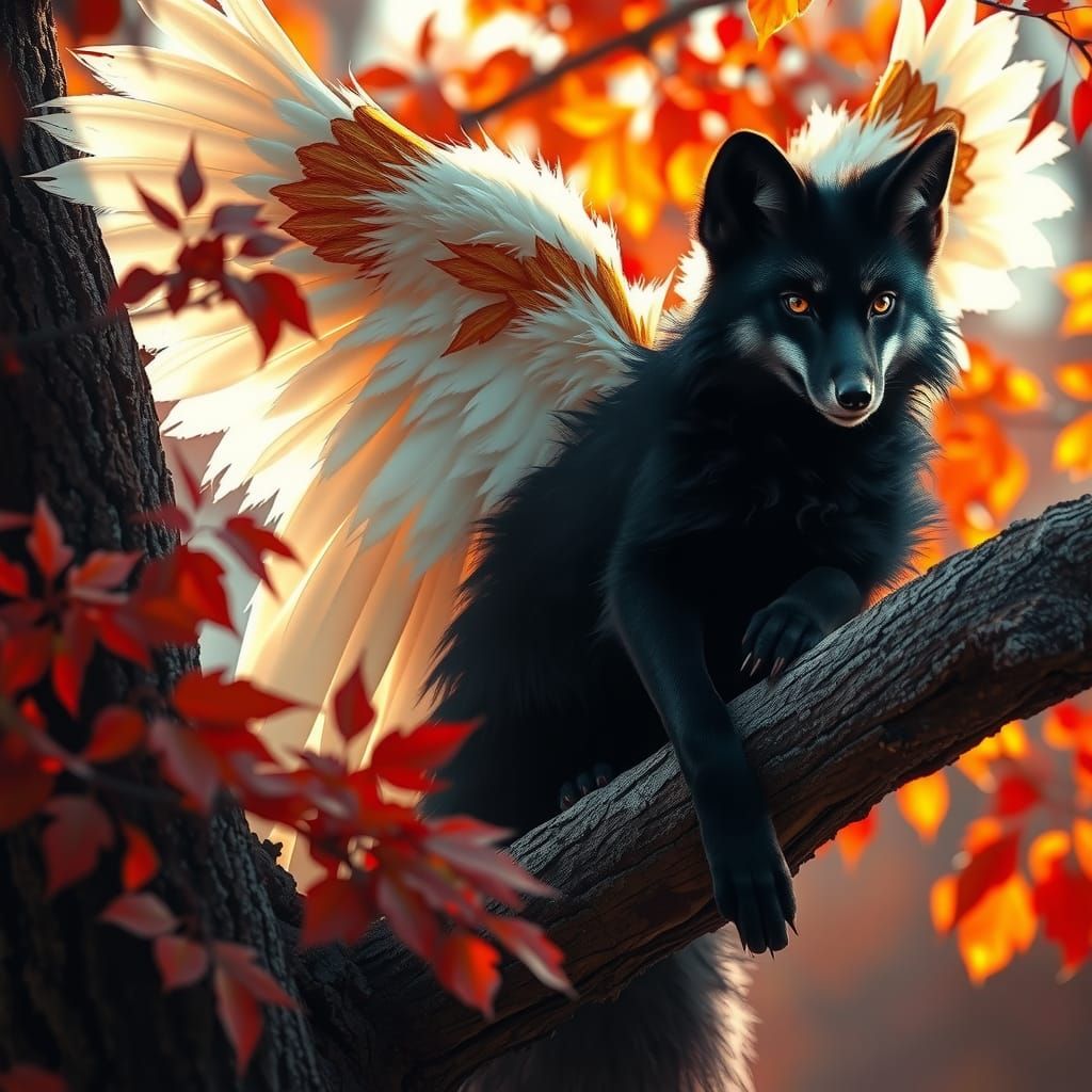 Winged Black Fox in Autumnal Splendor