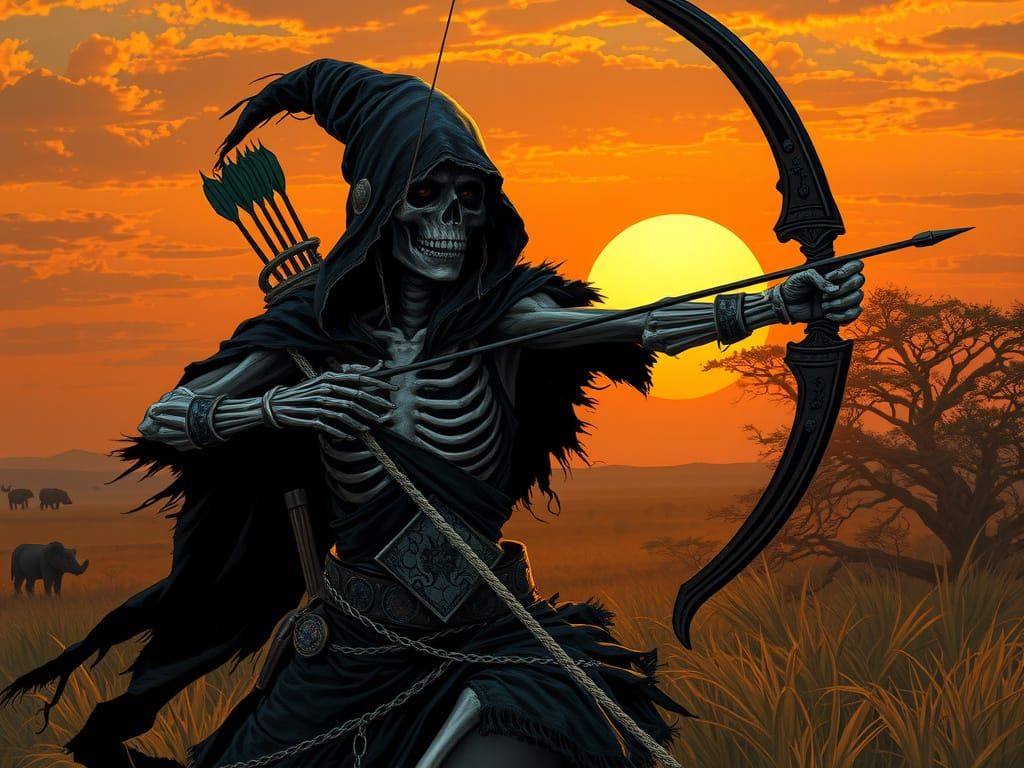Dark Skeleton Archer in Obsidian Armor, Fantasy Art