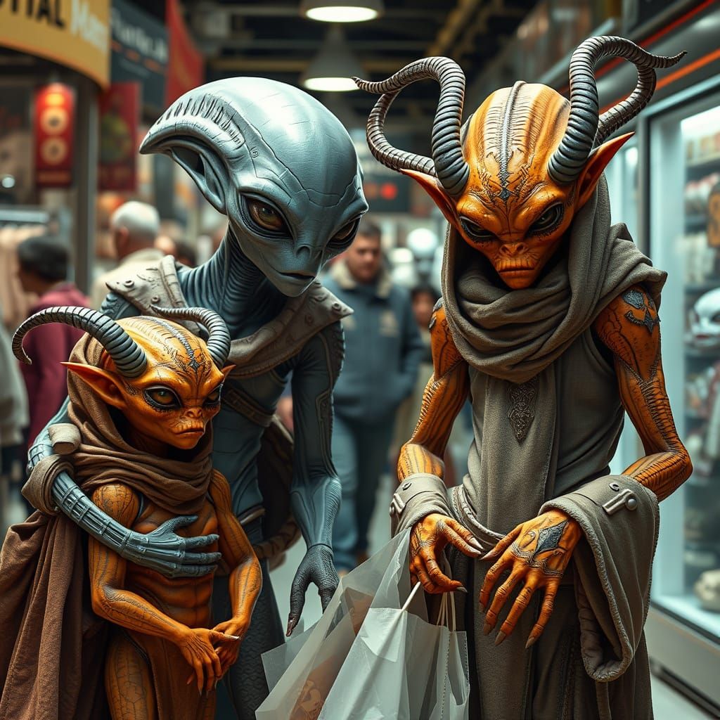 Gray Alien & Orange Demon with Juvenile Offspring