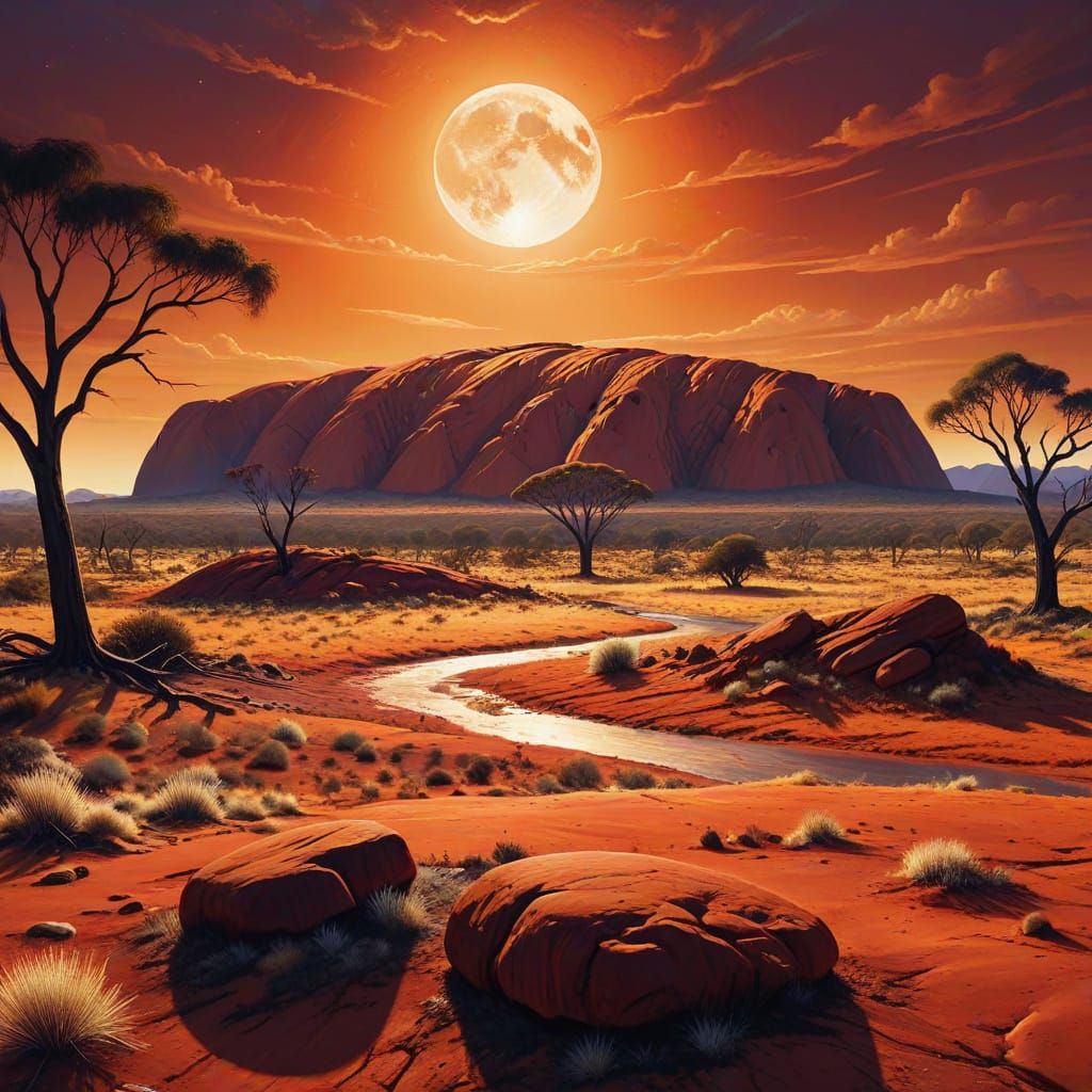 Majestic Ayers Rock Under Full Moon: Oil Painting