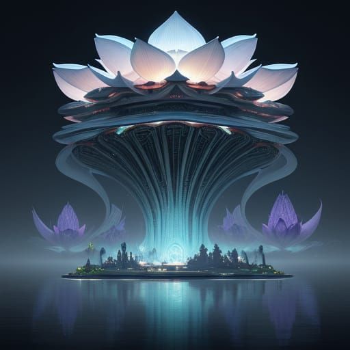 Surreal Lotus Bloom City in Iridescent Alien Ocean