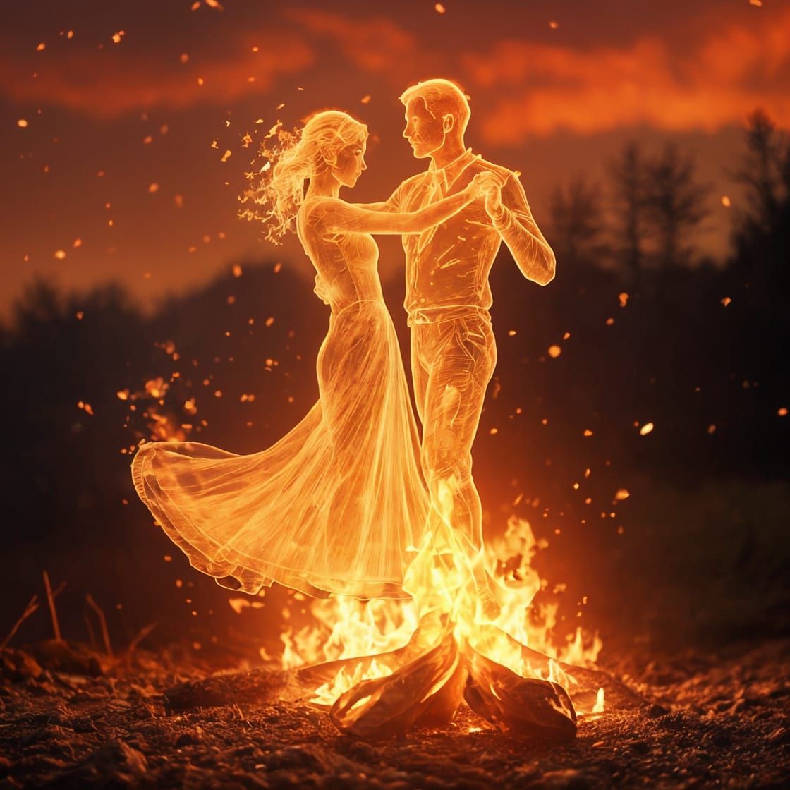 Fiery Dancing Couple at Sunset: Double Exposure Art