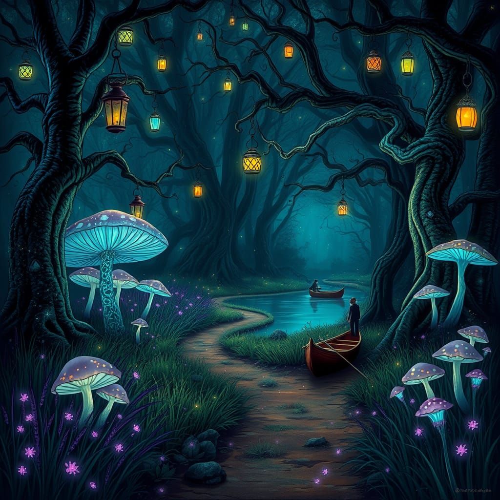 Mystical Forest at Night in Soft Blue and Ethereal Green