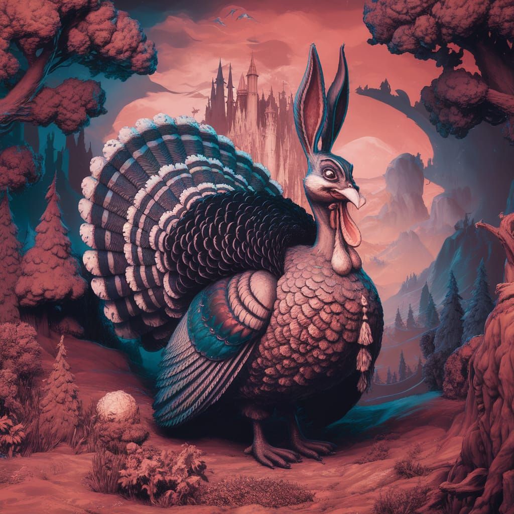 Detailed Bugs Bunny Turkey in a Fantasy Landscape